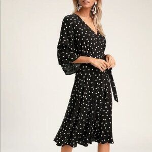 Lulu's Polka Dot Black Midi Wrap Dress Long Sleeve